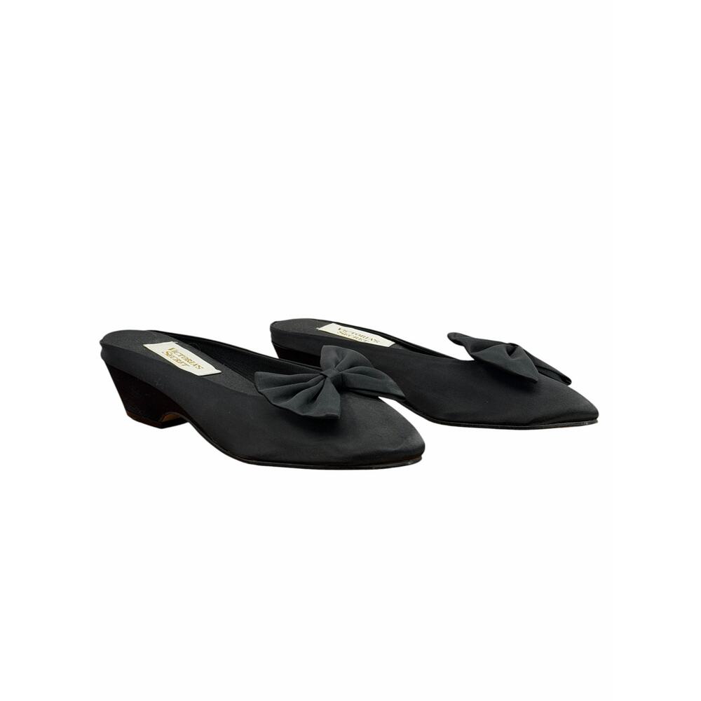 Vintage Victoria’s Secret Satin Bow Mule‎ Slippers 7/8 Black Boudoir Kitten Heel
